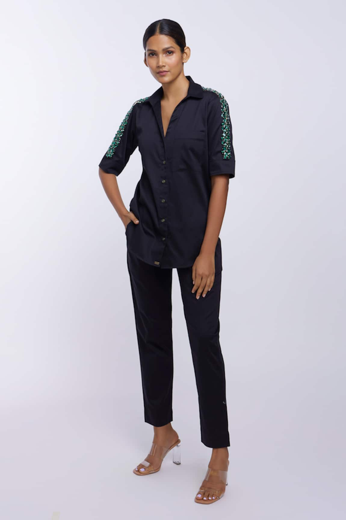 PALLAVI SWADI Swarovski Crystal Embroidered Sleeve Shirt