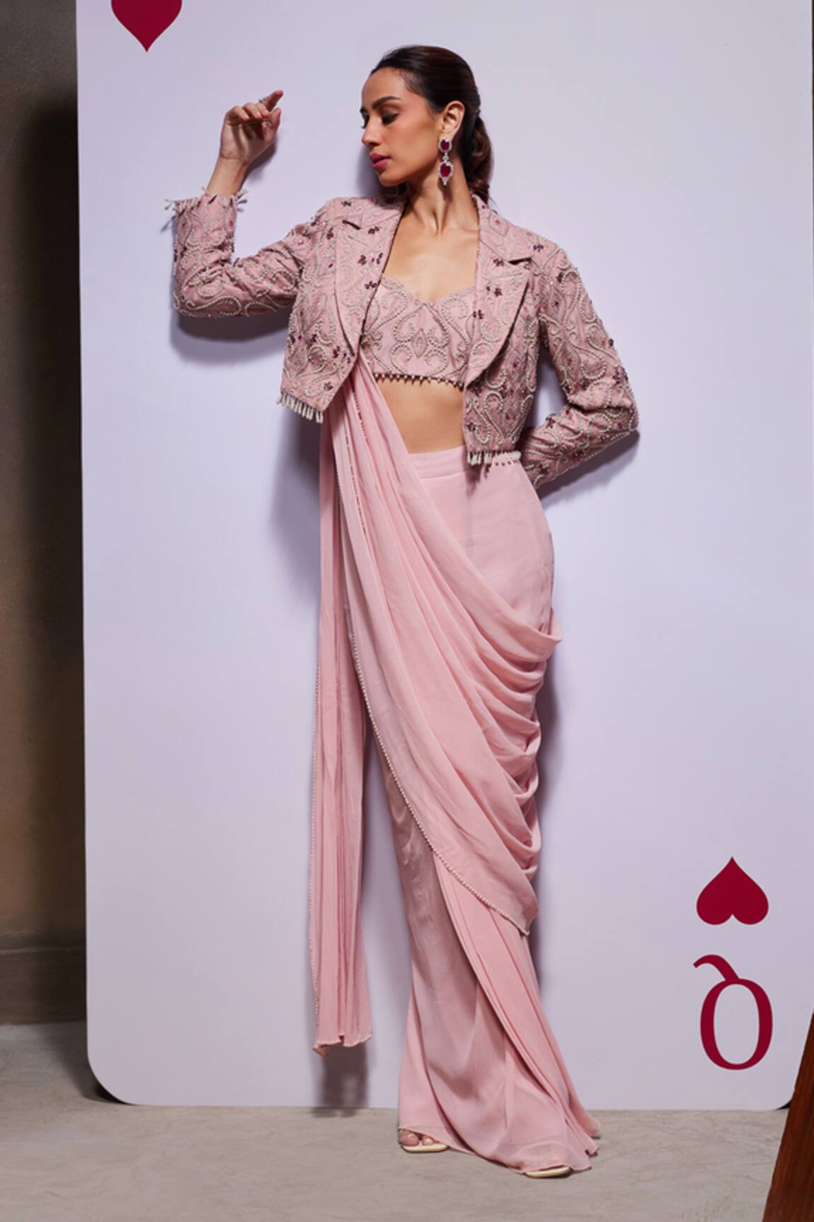 Divya Aggarwal Bridget Pre-Draped Saree Set With Embellished Jacket 