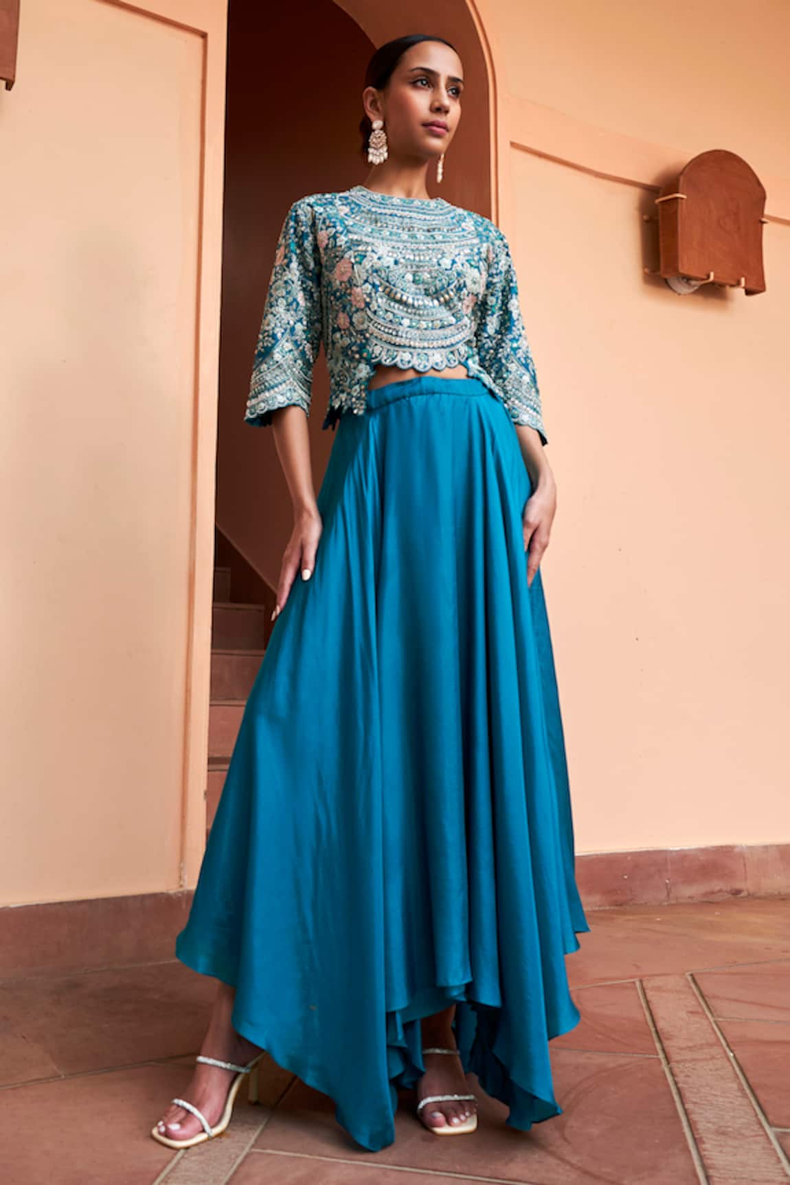 Osaa by Adarsh Floral Bloom Zardozi Embroidered Top With Skirt