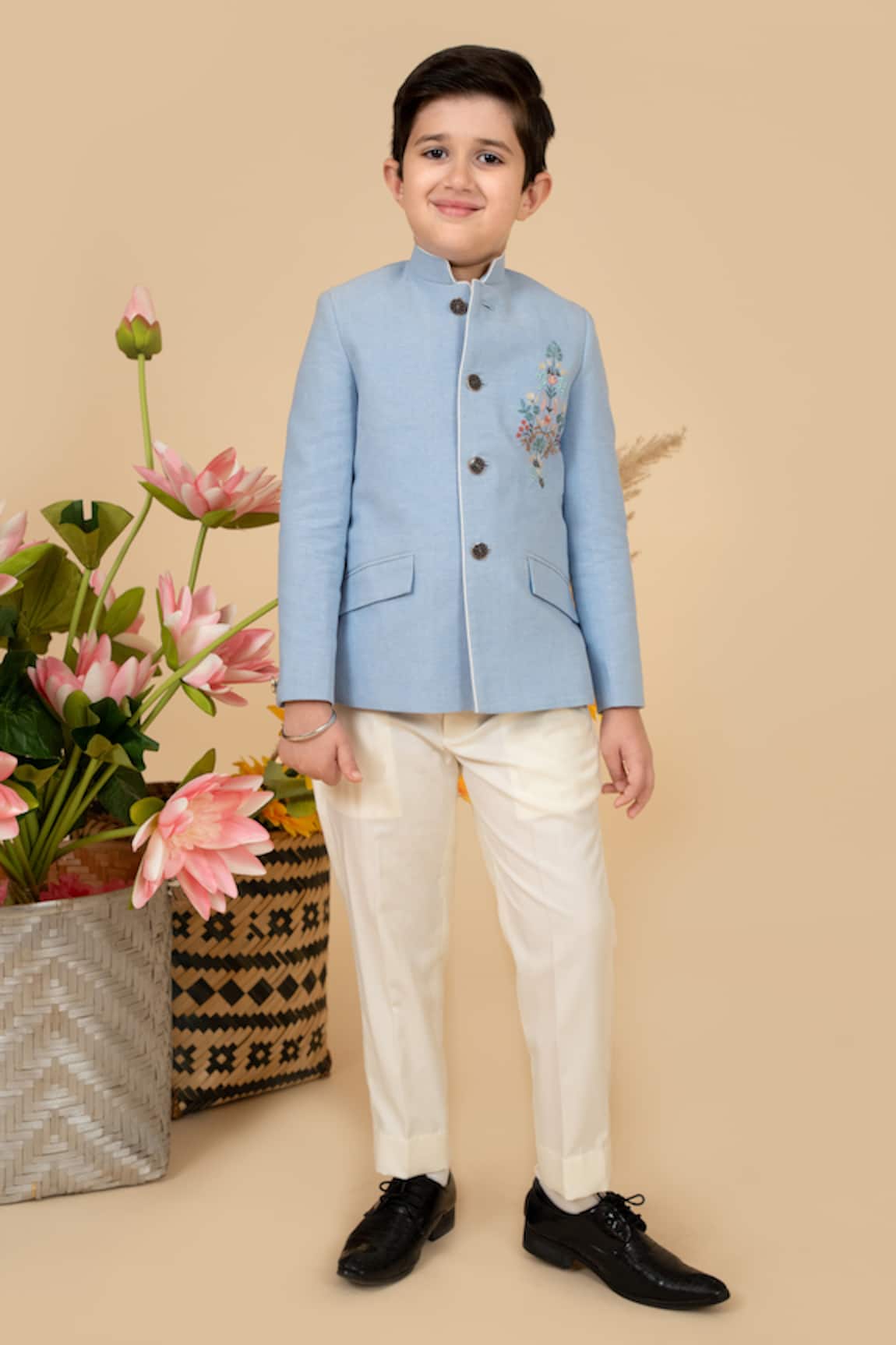 Little Boys Closet by Gunjan Khanijou Placement Bloom Embroidered Bandhgala With Pant
