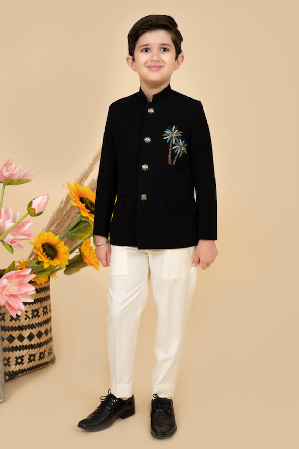 Little Boys Closet by Gunjan Khanijou Placement Palm Tree Embroidered Bandhgala With Pant