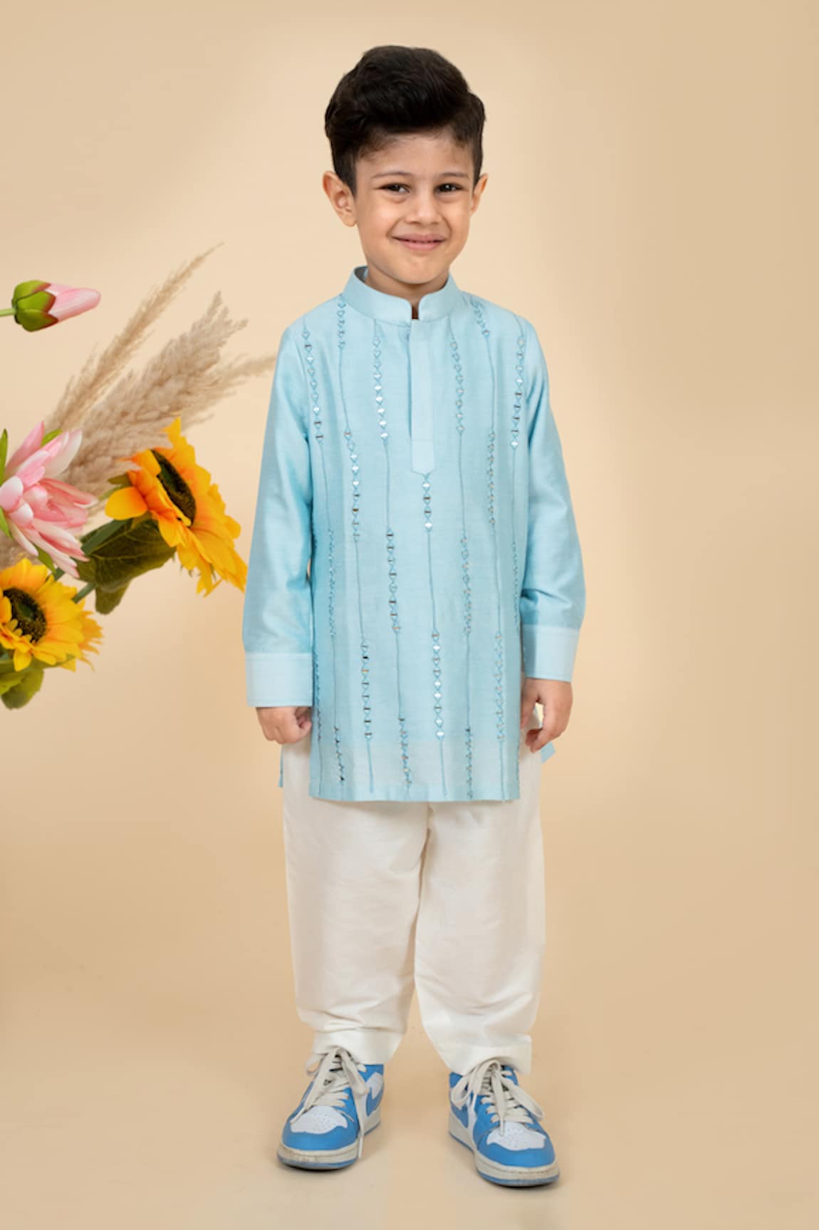 Little Boys Closet by Gunjan Khanijou Mirror Vine Embroidered Kurta With Pyjama