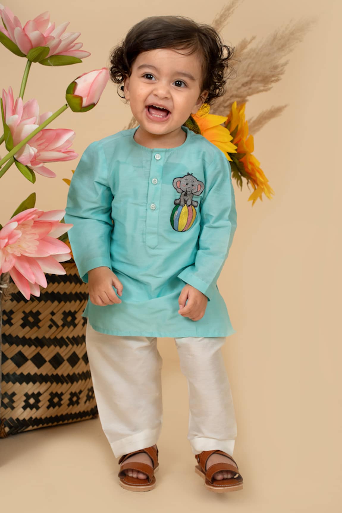 Little Boys Closet by Gunjan Khanijou Elephant Patch Work Kurta With Pyjama