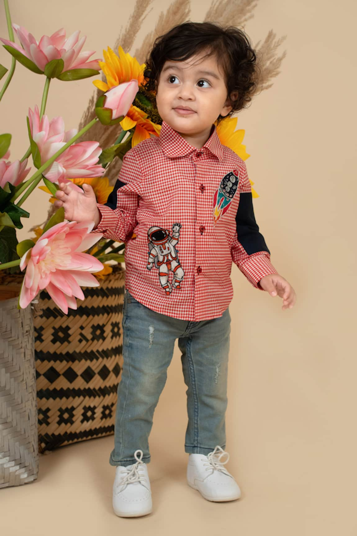 Little Boys Closet by Gunjan Khanijou Glen Checkered Space Theme Embroidered Shirt