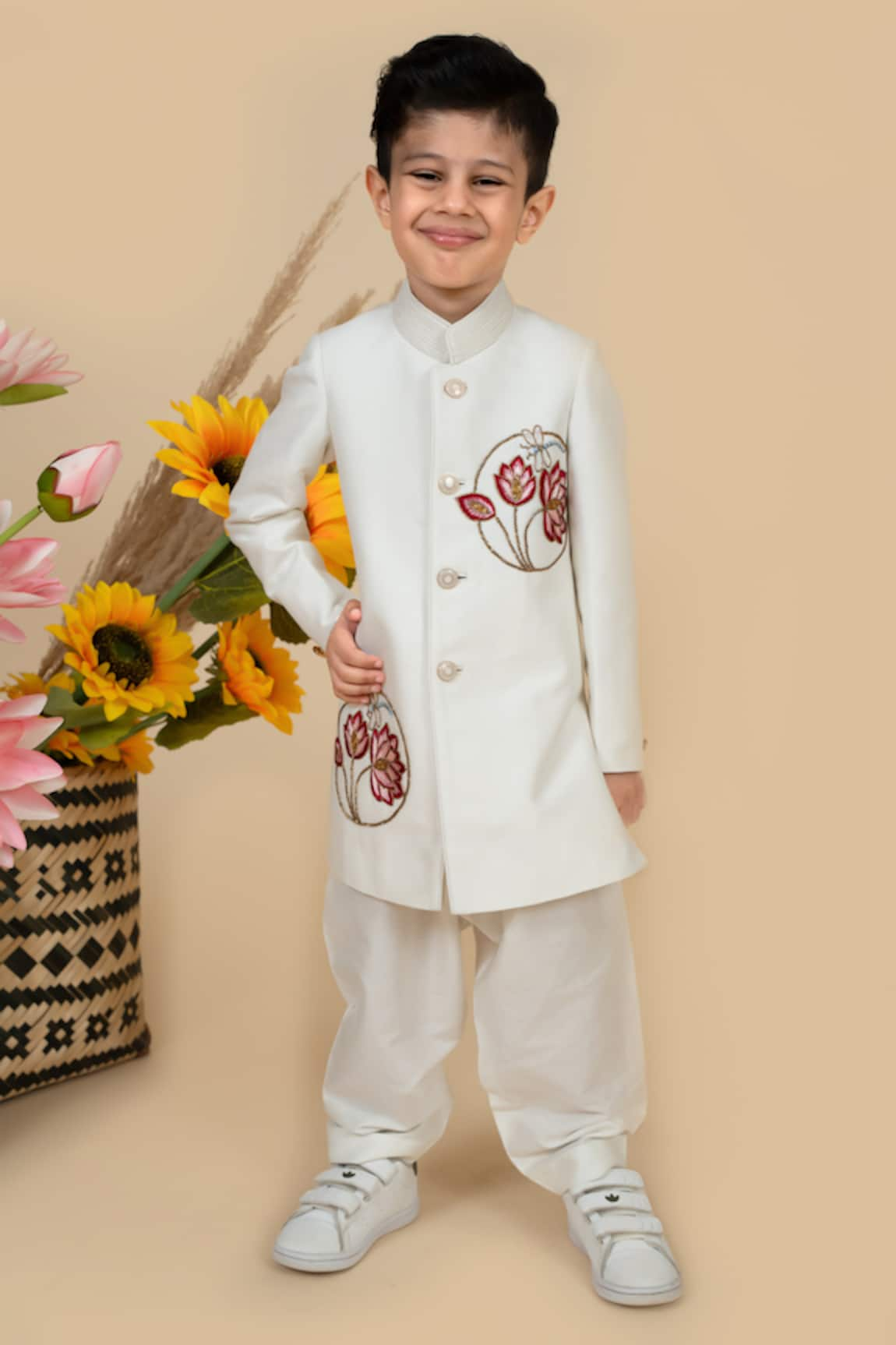 Little Boys Closet by Gunjan Khanijou Lotus Embroidered Sherwani With Pyjama