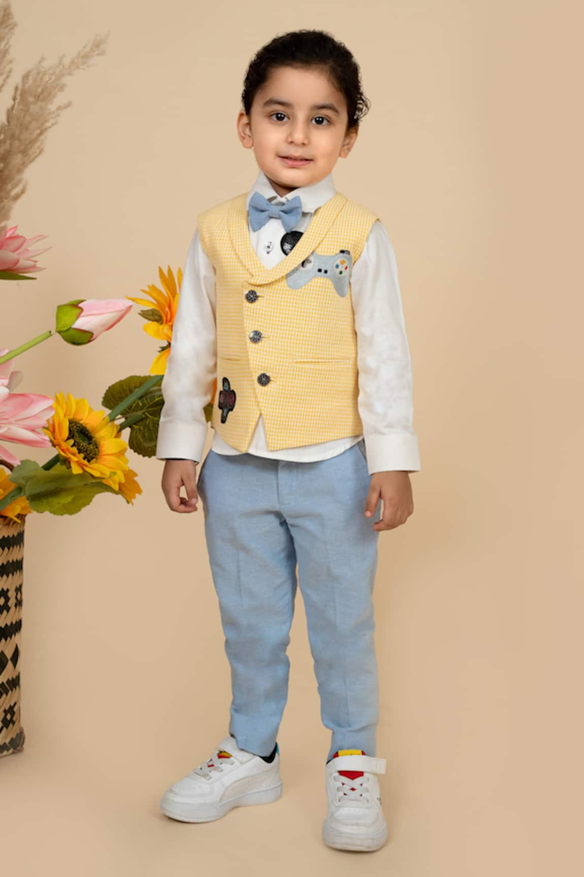 Little Boys Closet by Gunjan Khanijou Gingham Checkered & Gamer Embroidered Waistcoat Pant Set