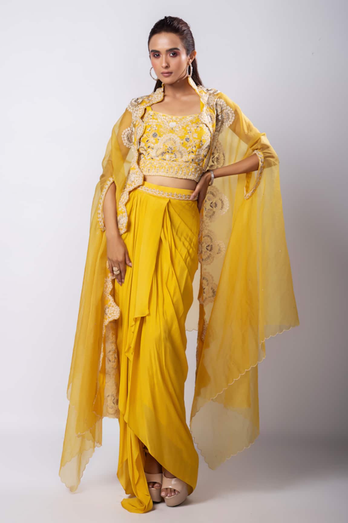 Smriti By Anju Agarwal Aria Embroidered Cutwork Cape Draped Skirt Set 
