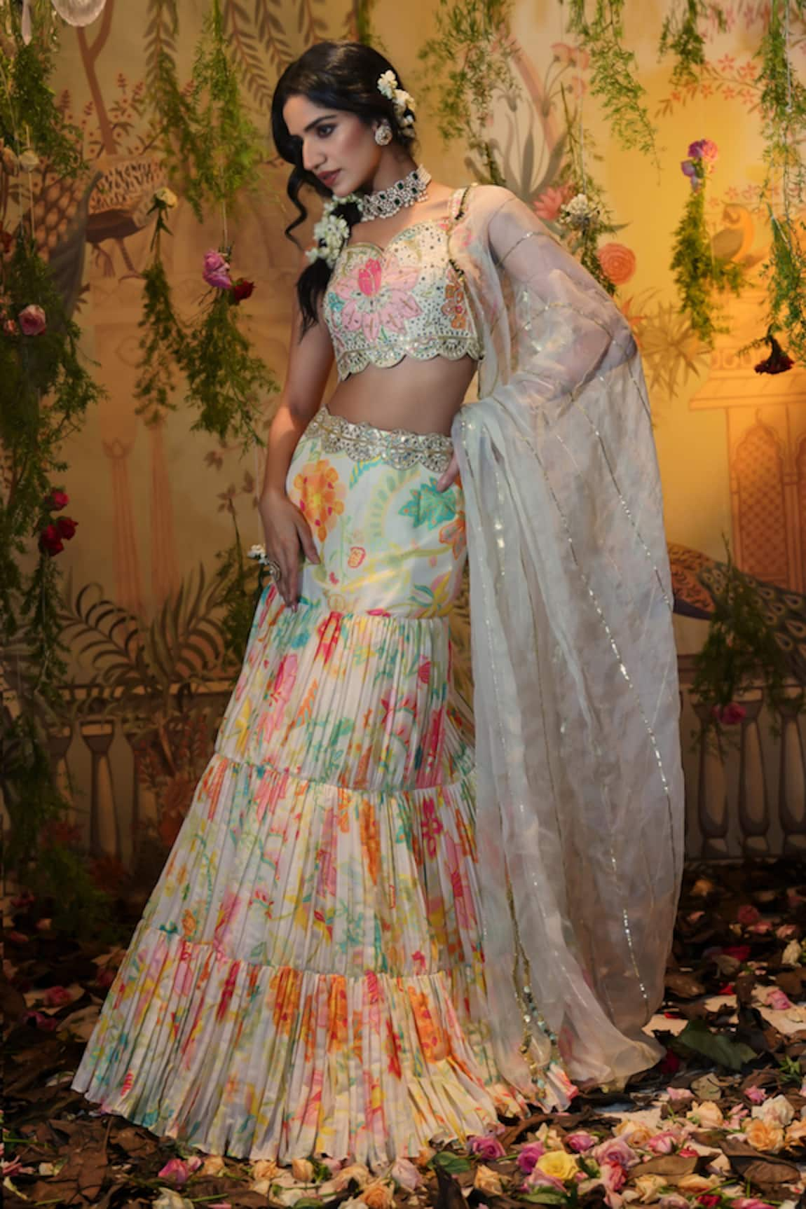 Aayushi Maniar Lily Floral Print Tiered Lehenga Set