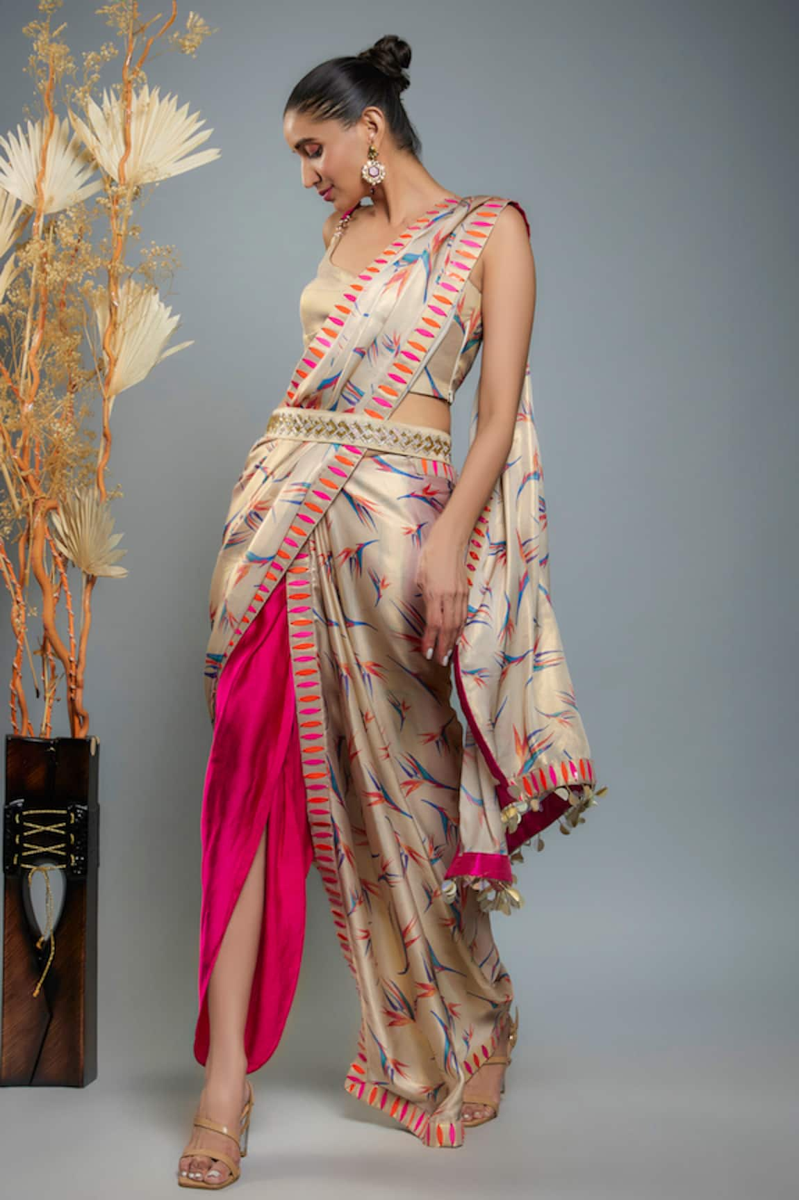 Anita Kanwal Bird Of Paradise Printed Draped Dhoti Saree Set