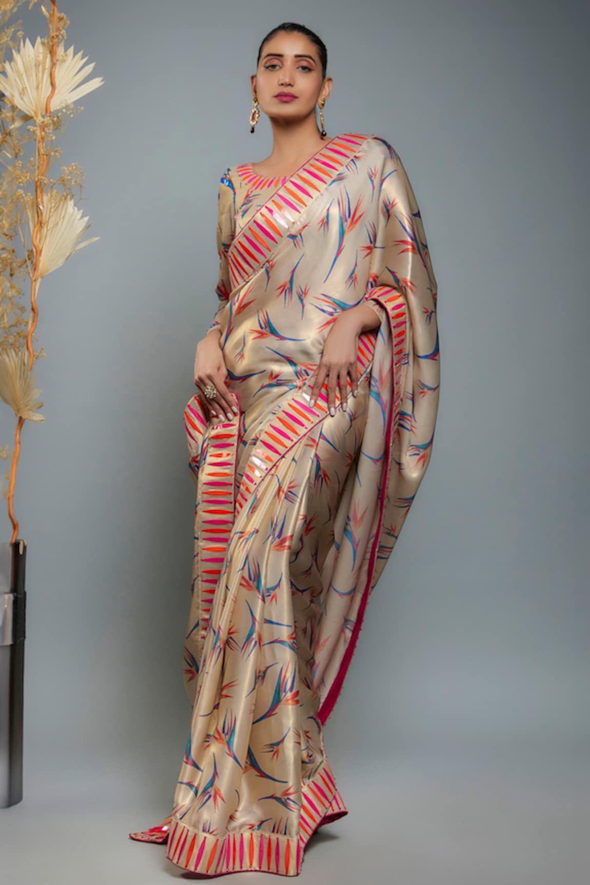 Anita Kanwal Birds Of Paradise Printed Saree With Unstitched Blouse