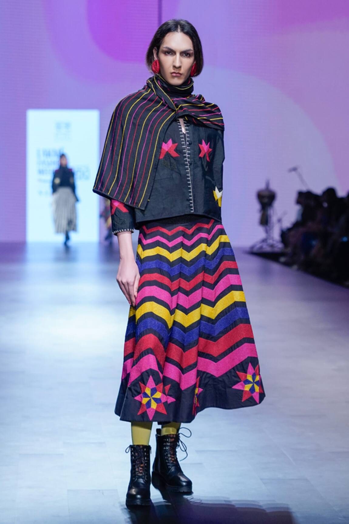 KA-Sha Corded Striped Asymmetric Cape 