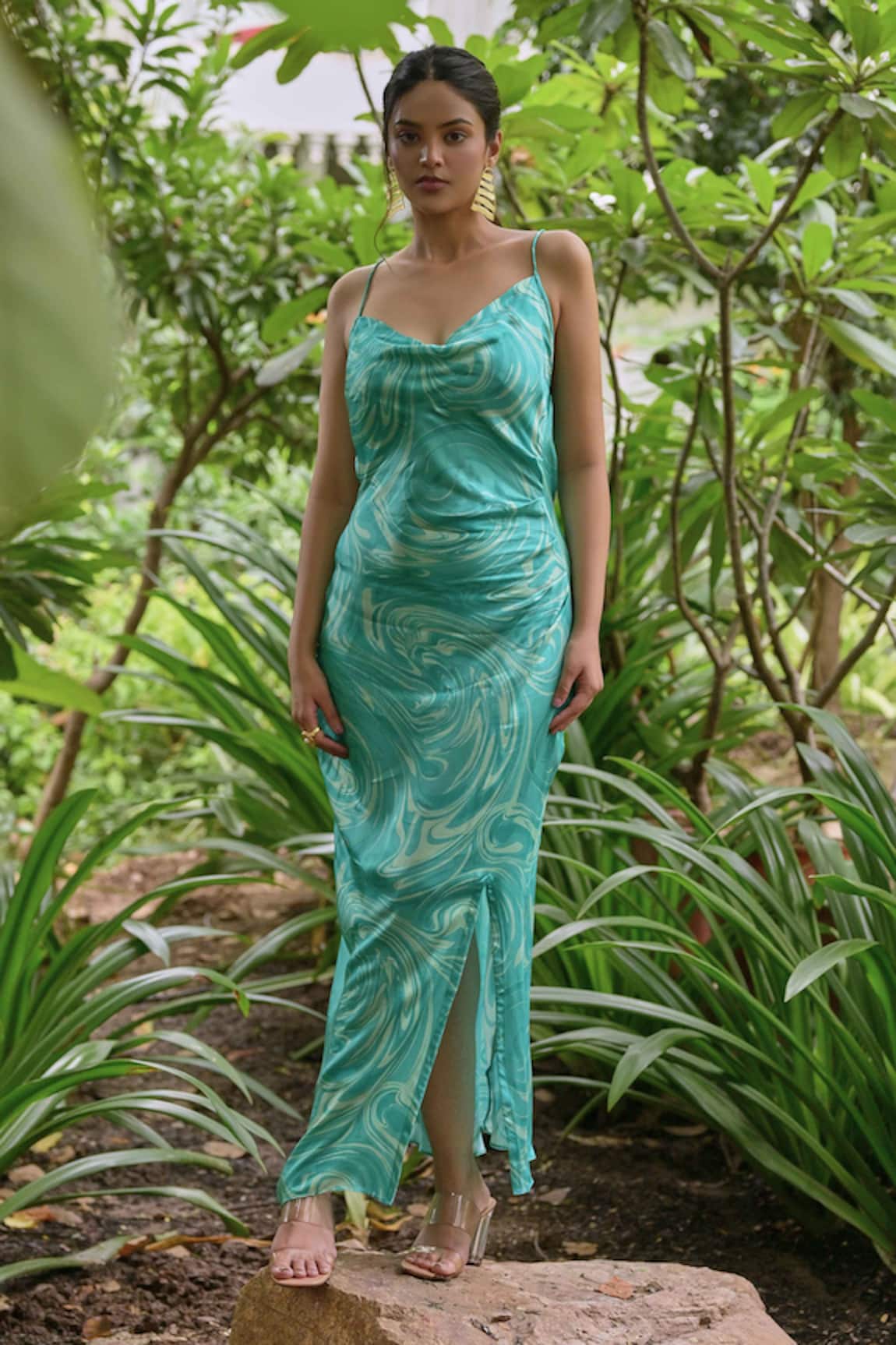 Saangi Marble Print Cowl Dress