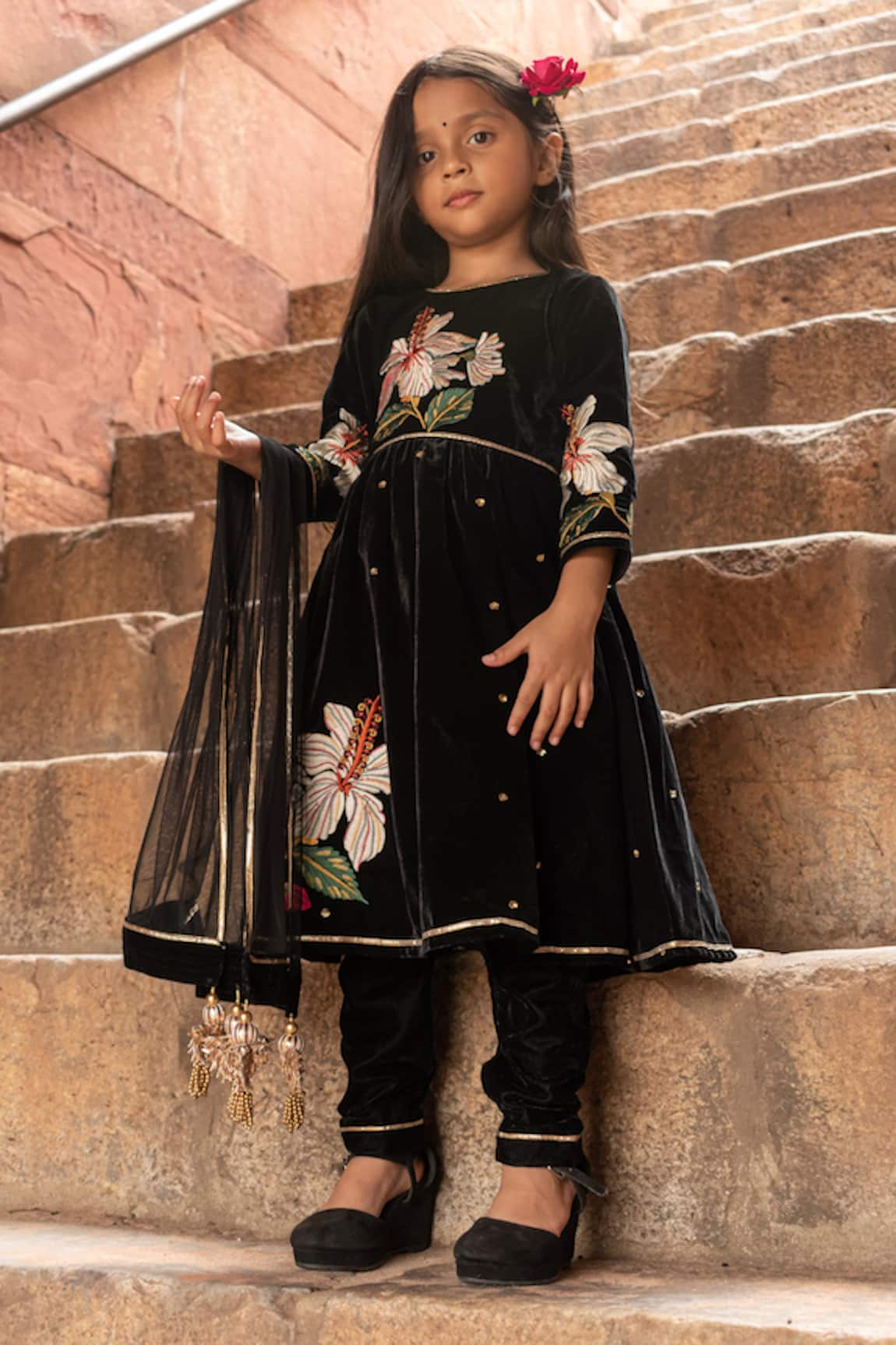 Mamma Plz Floral Hand Work Velvet Anarkali Set