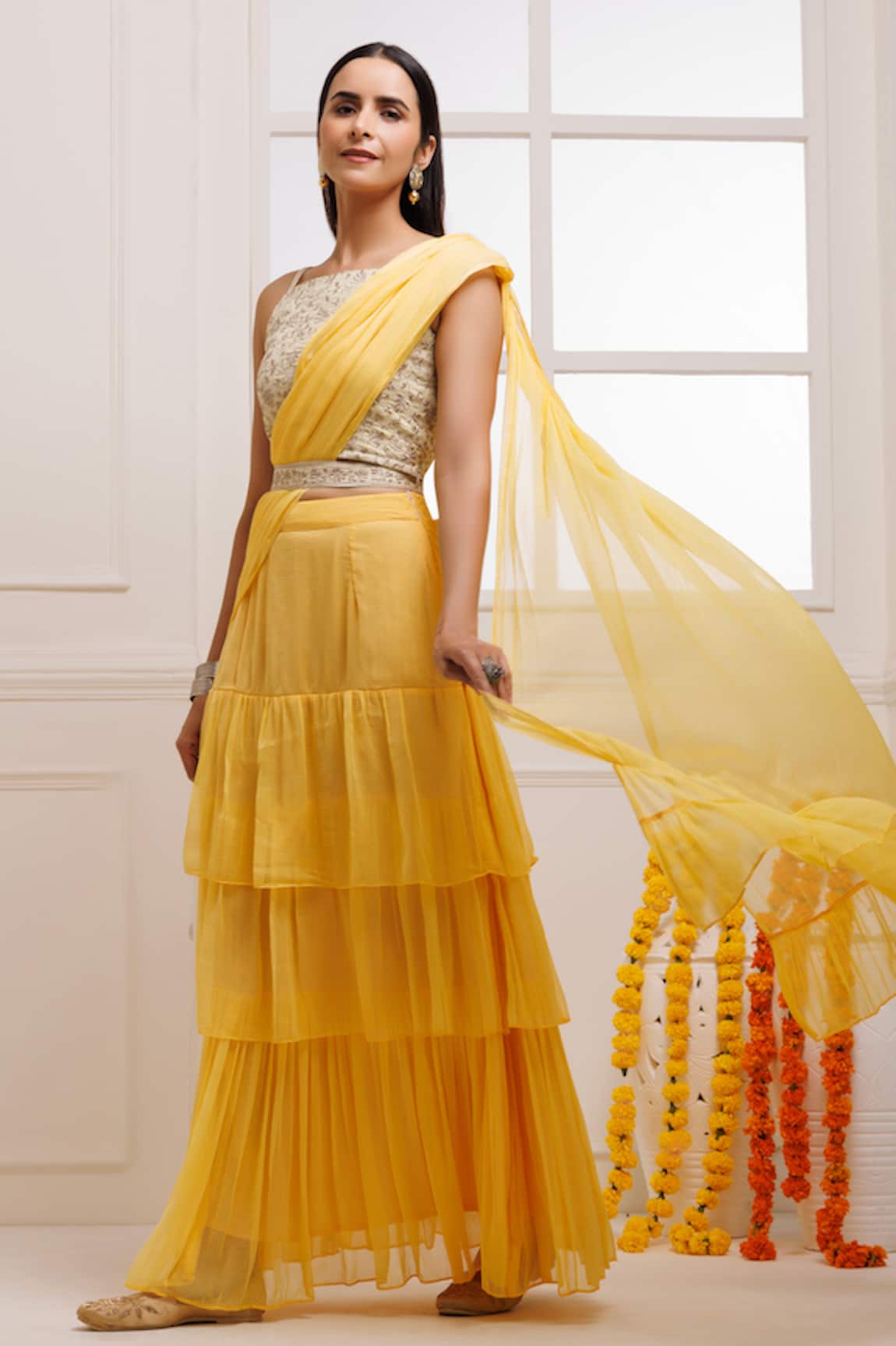 Mustard Yellow crepe silk designer ruffle saree with handwork blouse |  Bollywood saree blouse designs, Crepe silk sarees, Designer sarees  collection