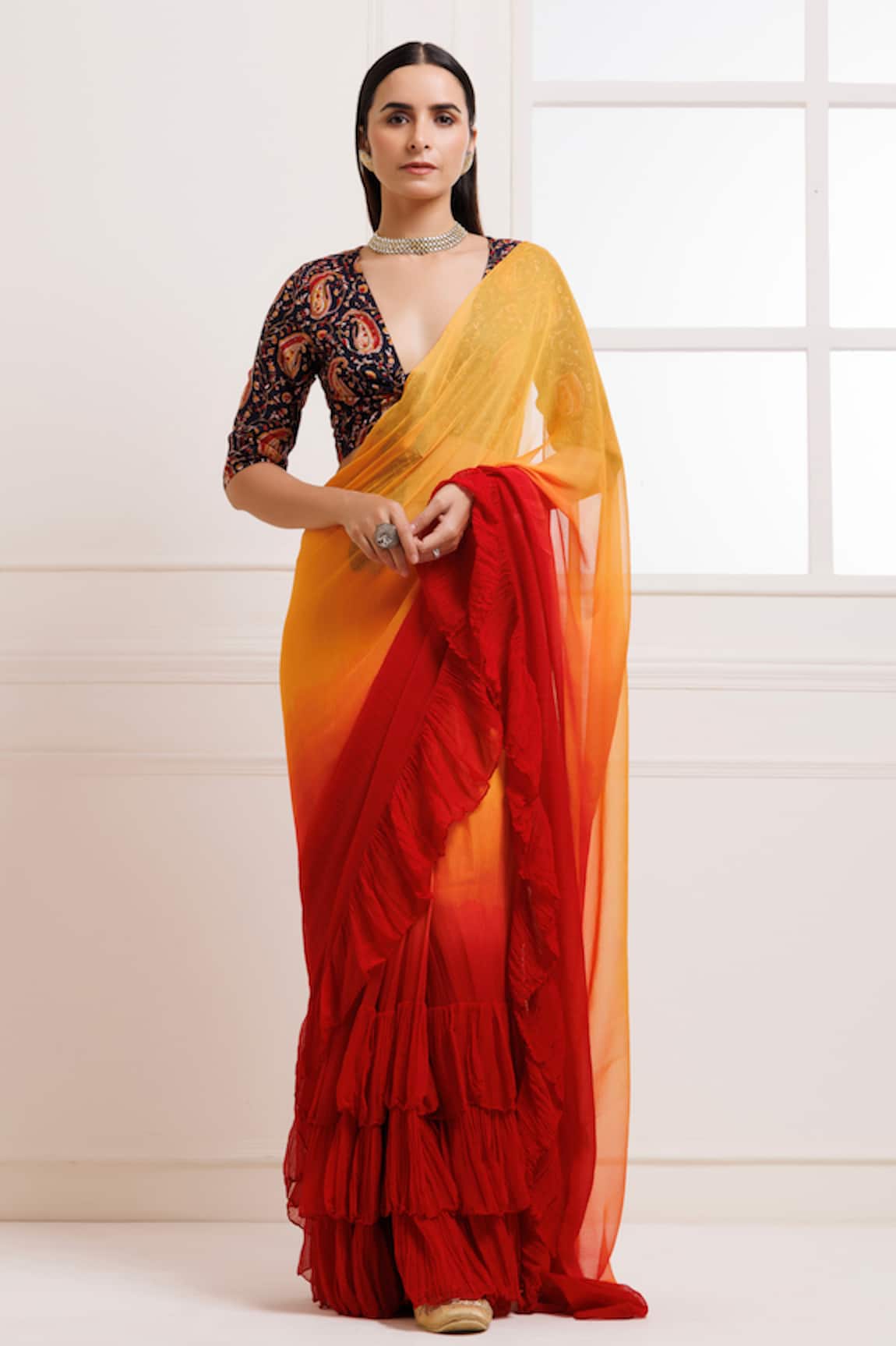 Geroo Jaipur Ombre Ruffle Pre-Draped Saree With Unstitched Blouse Fabric