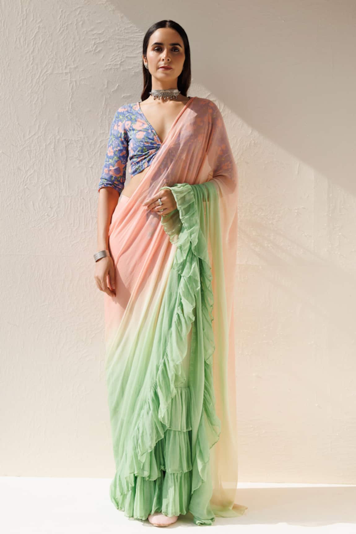 Geroo Jaipur Shaded Ruffle Pre-Draped Saree With Unstitched Blouse Fabric