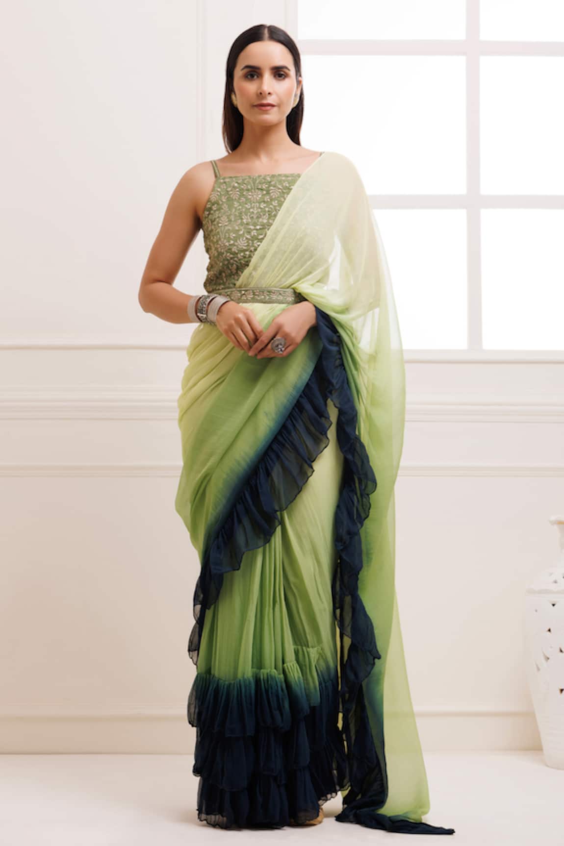 Geroo Jaipur Ombre Pre-Draped Ruffle Saree With Embroidered Blouse
