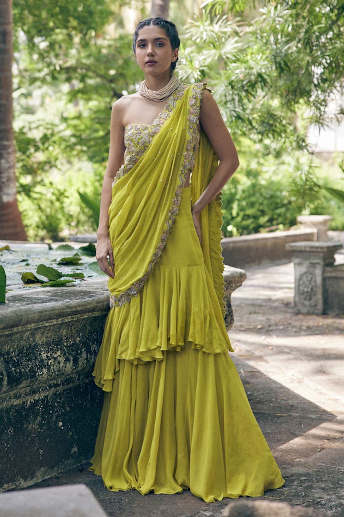 Paulmi and Harsh Border Embroidered Pre-Draped Saree With Corset Blouse