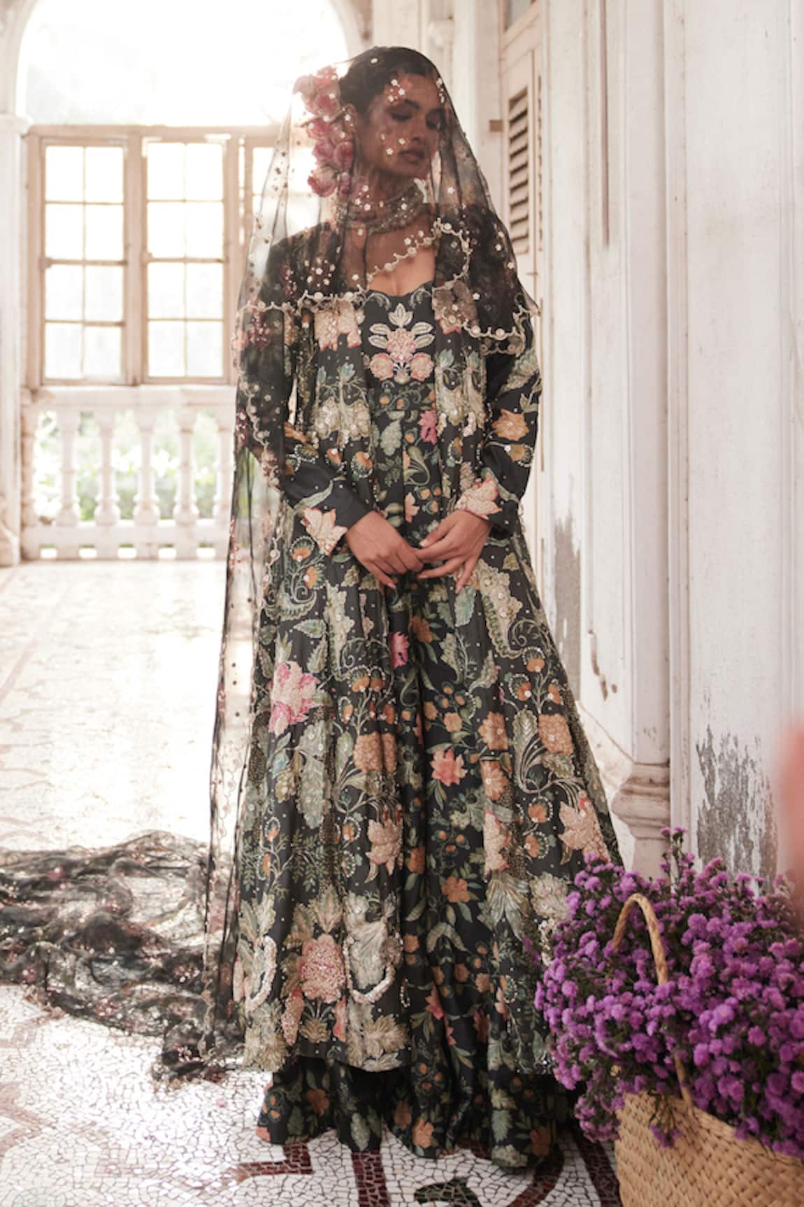 Paulmi and Harsh Floral Print Jacket With Embellished Veil