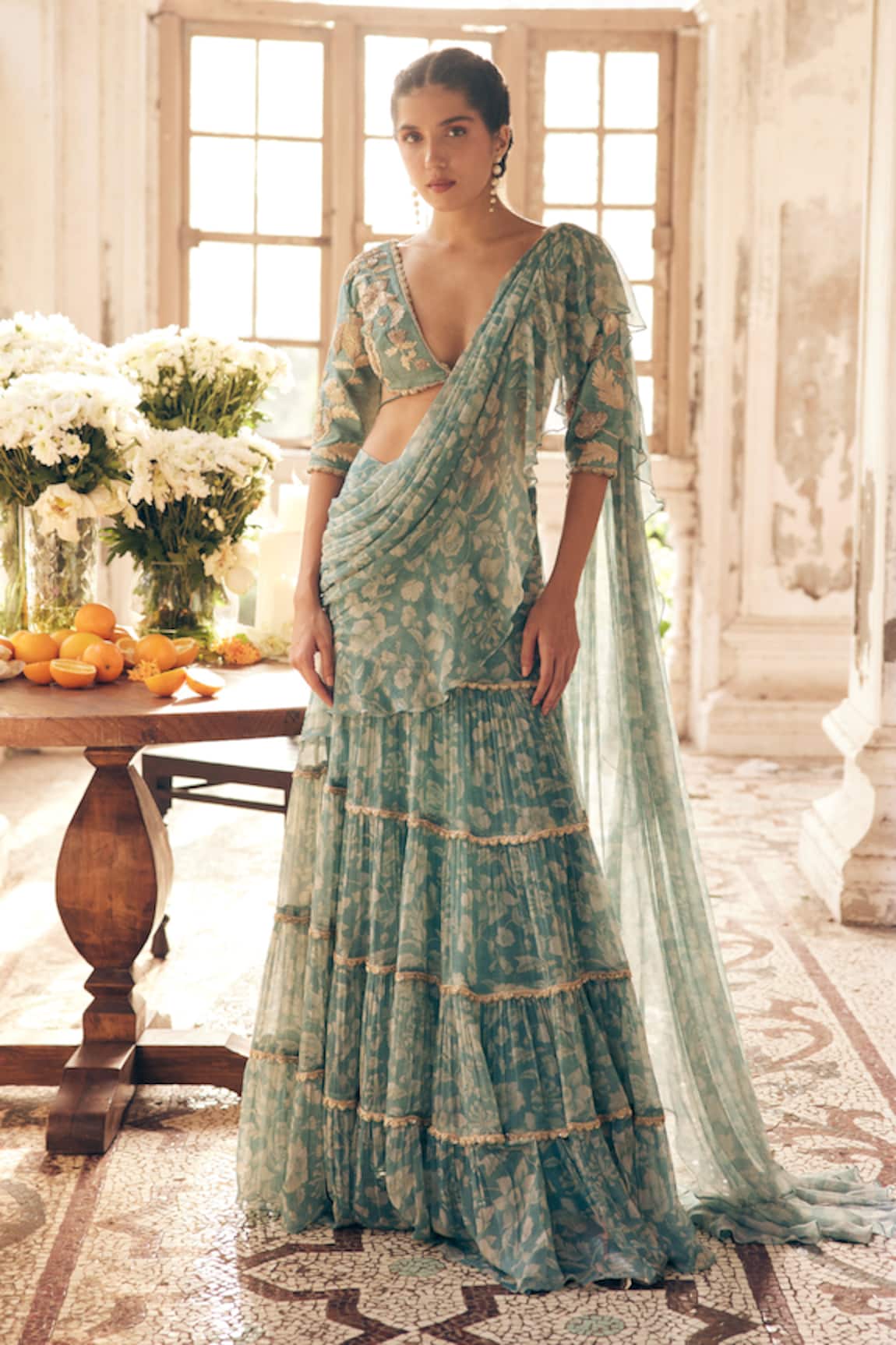 Paulmi and Harsh Floral Print Pre-Draped Tiered Saree With Blouse