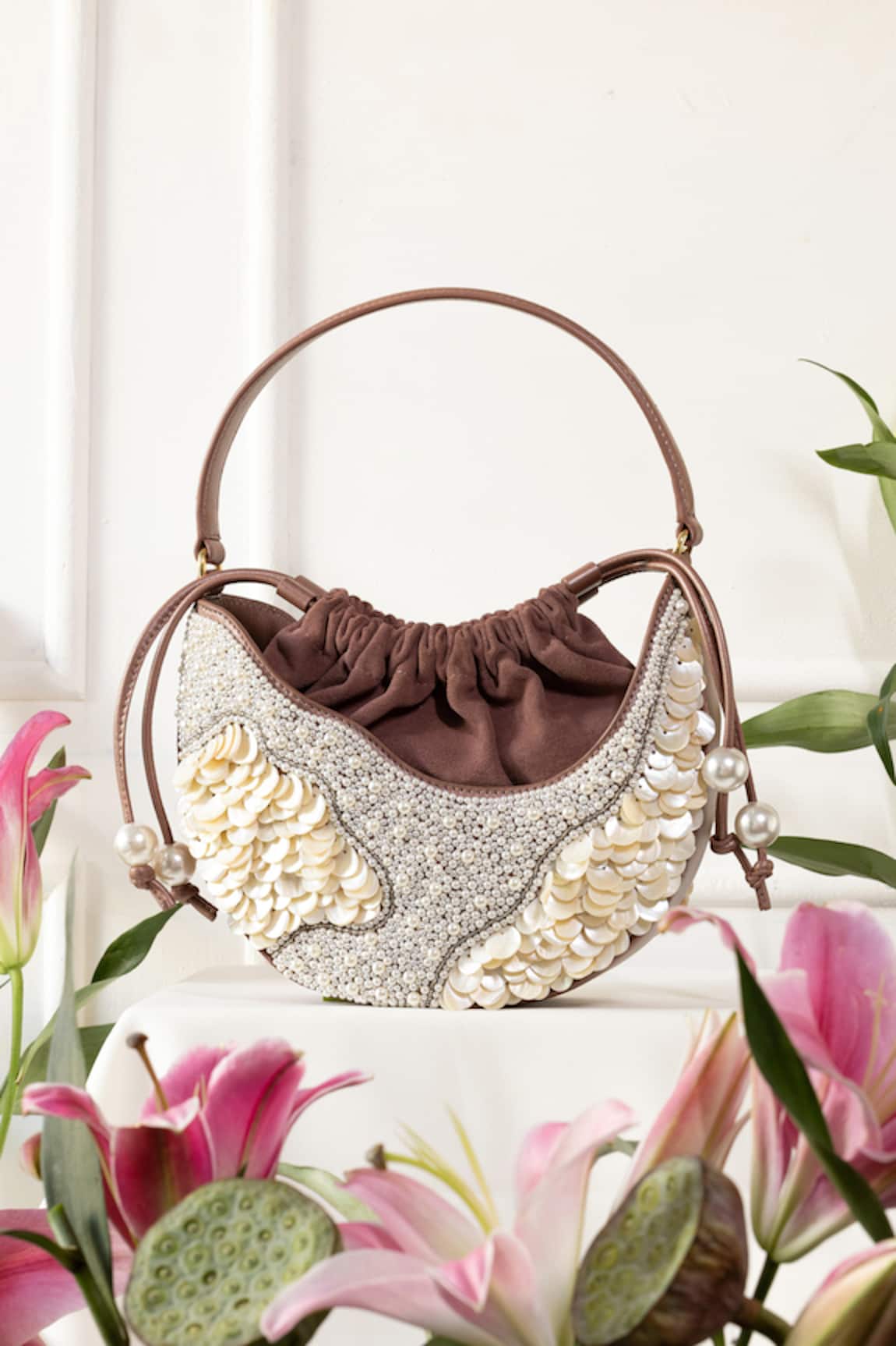 The Leather Garden Arshia Suede Pearl Embellished Bag