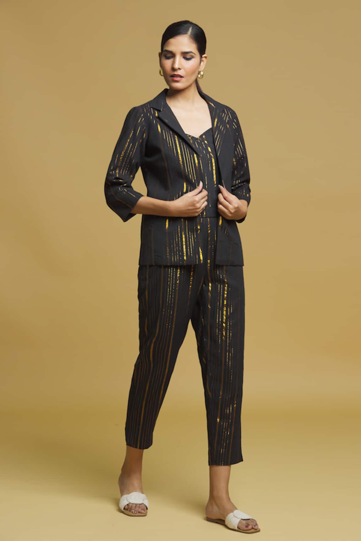 Naintara Bajaj Woven Lurex Striped Blazer Jacket Pant Set