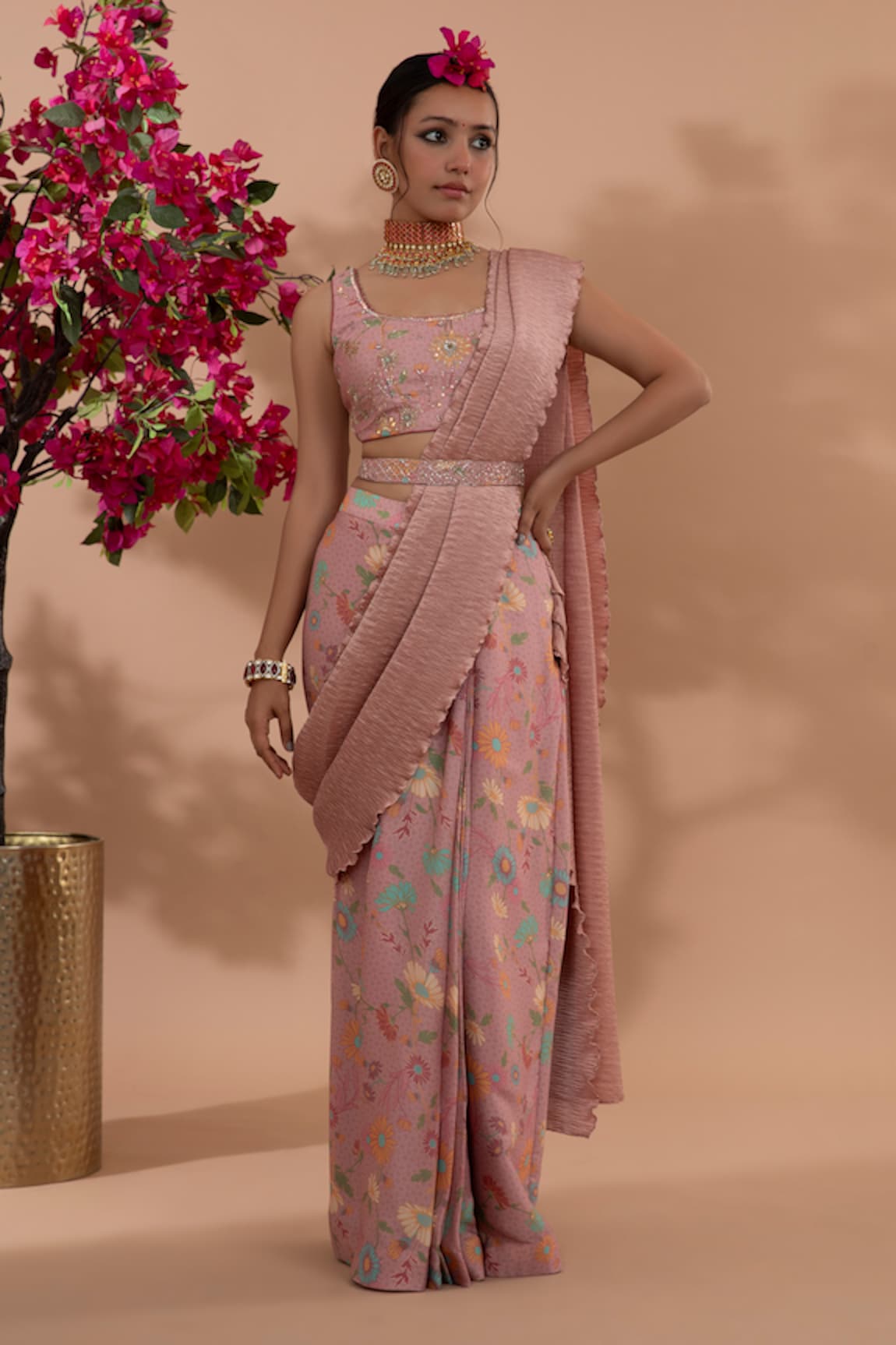 Show Shaa Usha Pre-Draped Saree With Embroidered Blouse