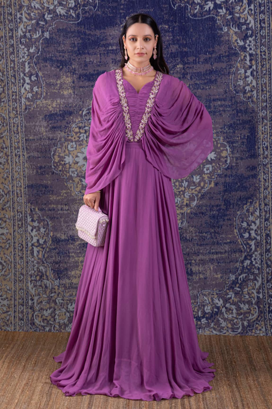 Baidehi Cowl Draped Cape Sleeves Gown 