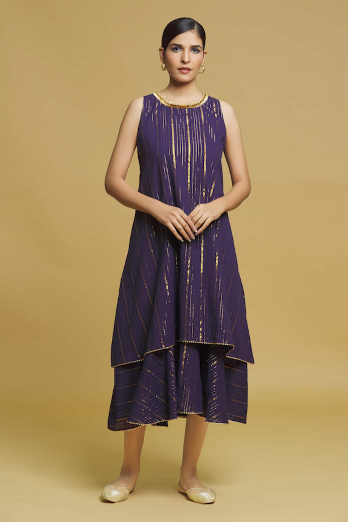 Naintara Bajaj Woven Lurex Balance Striped Layered Midi Dress
