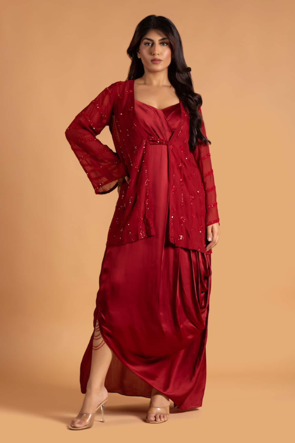 KRINA PATEL Cowl Draped Gown With Embroidered Jacket