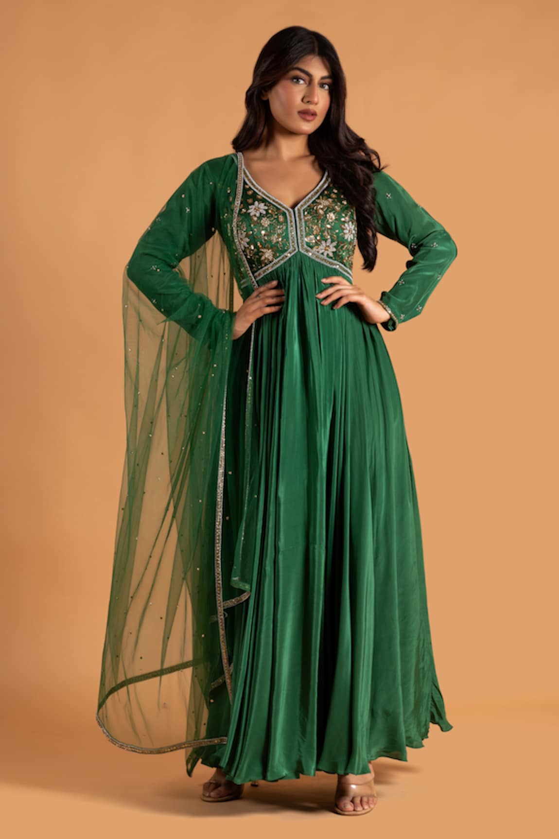 KRINA PATEL Pleated Yoke Embroidered Anarkali With Dupatta