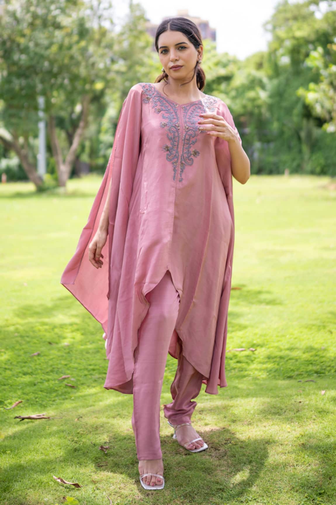 Label Lila Periwinkle Yoke Embroidered Kaftan With Pant
