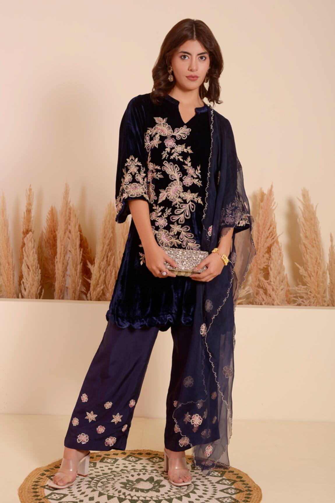 Surabhi Arya Midnight Sequin Bloom Embroidered Velvet Kurta With Pant