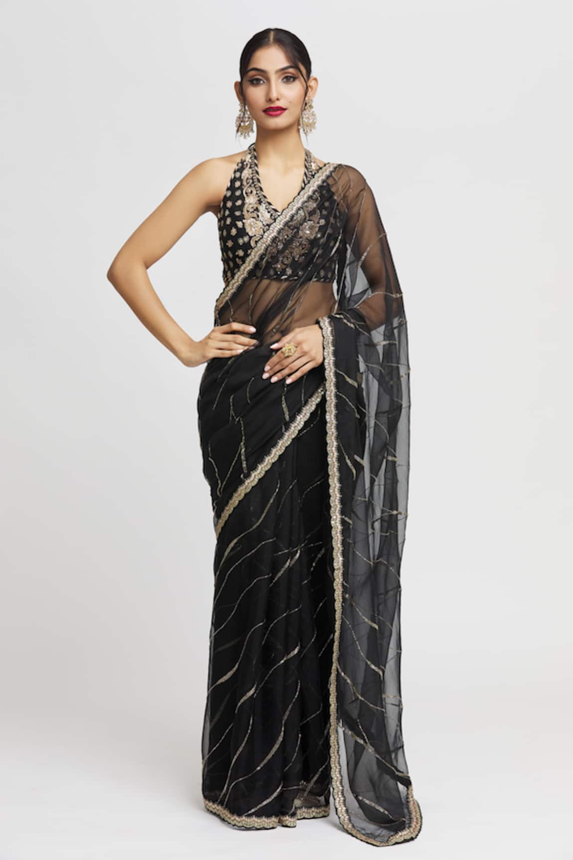 Gopi Vaid Rida Stripe Embroidered Saree With Blouse