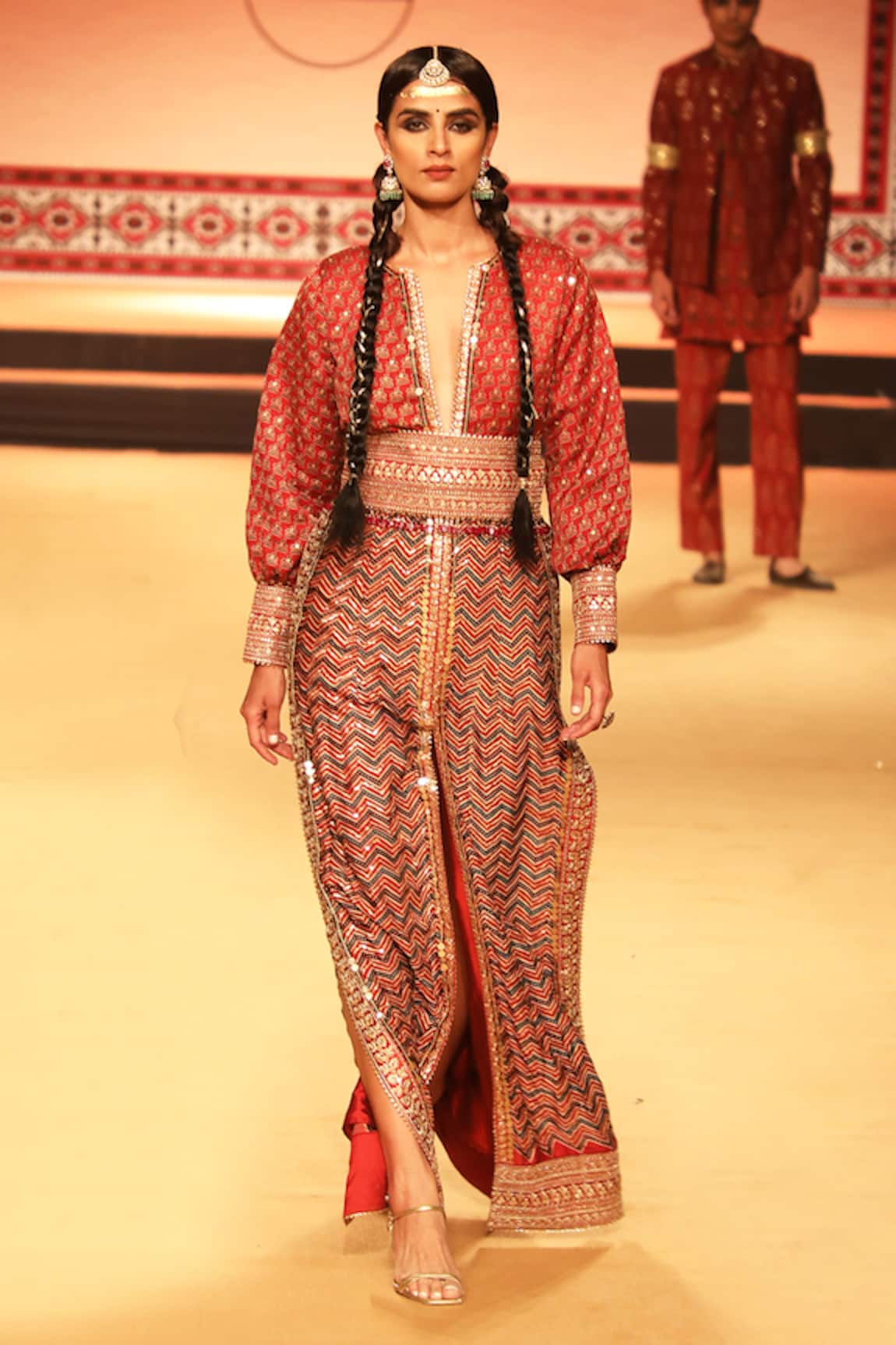 Nitya Bajaj Ajrakh Print Gown With Obi Belt