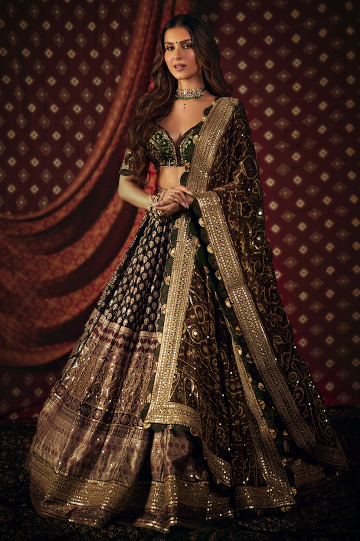 Nitya Bajaj Ajrakh Print & Embroidered Lehenga Set