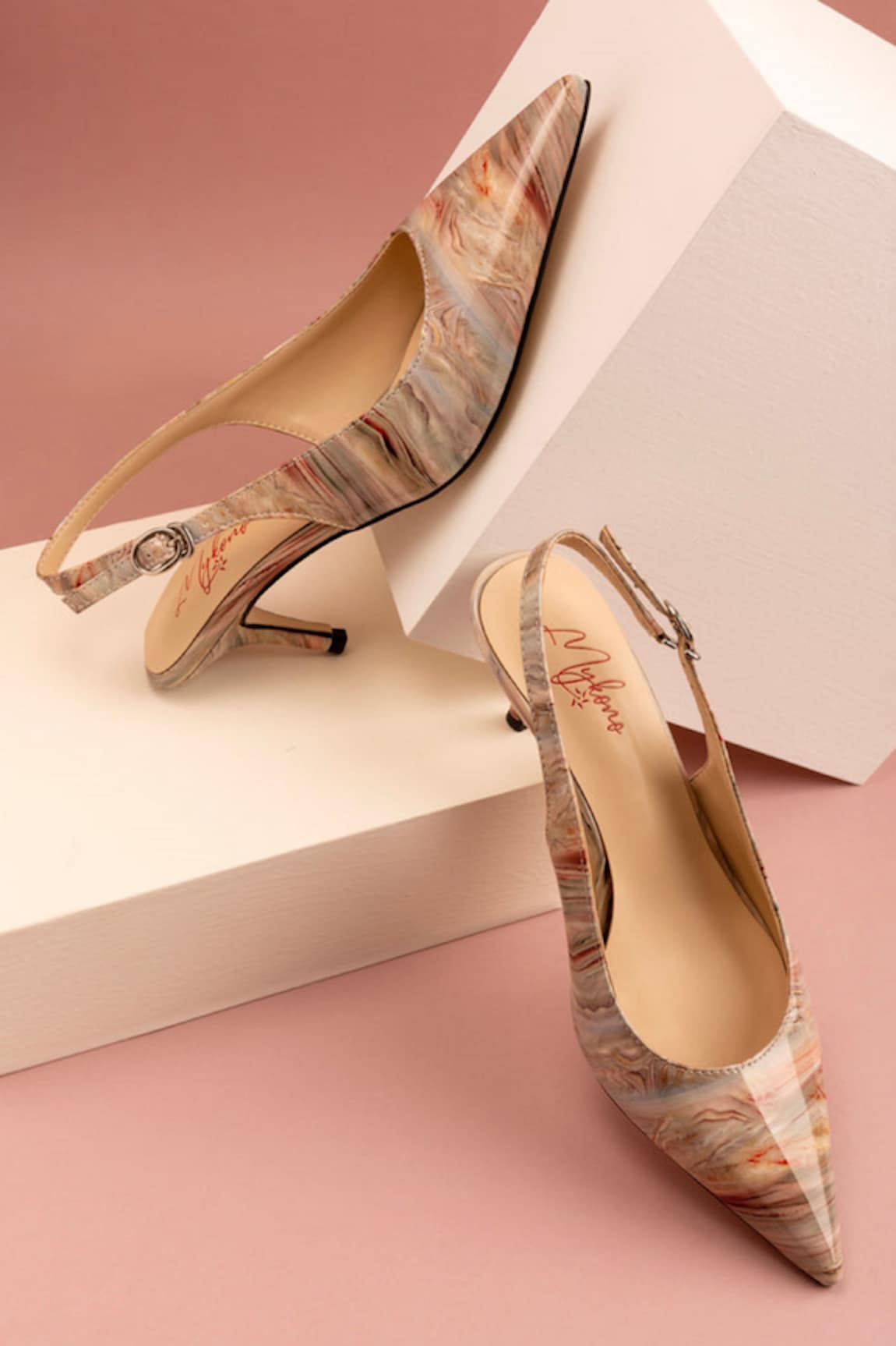 MYKONO Metallic Marble Effect Sling Back Stiletto Heels