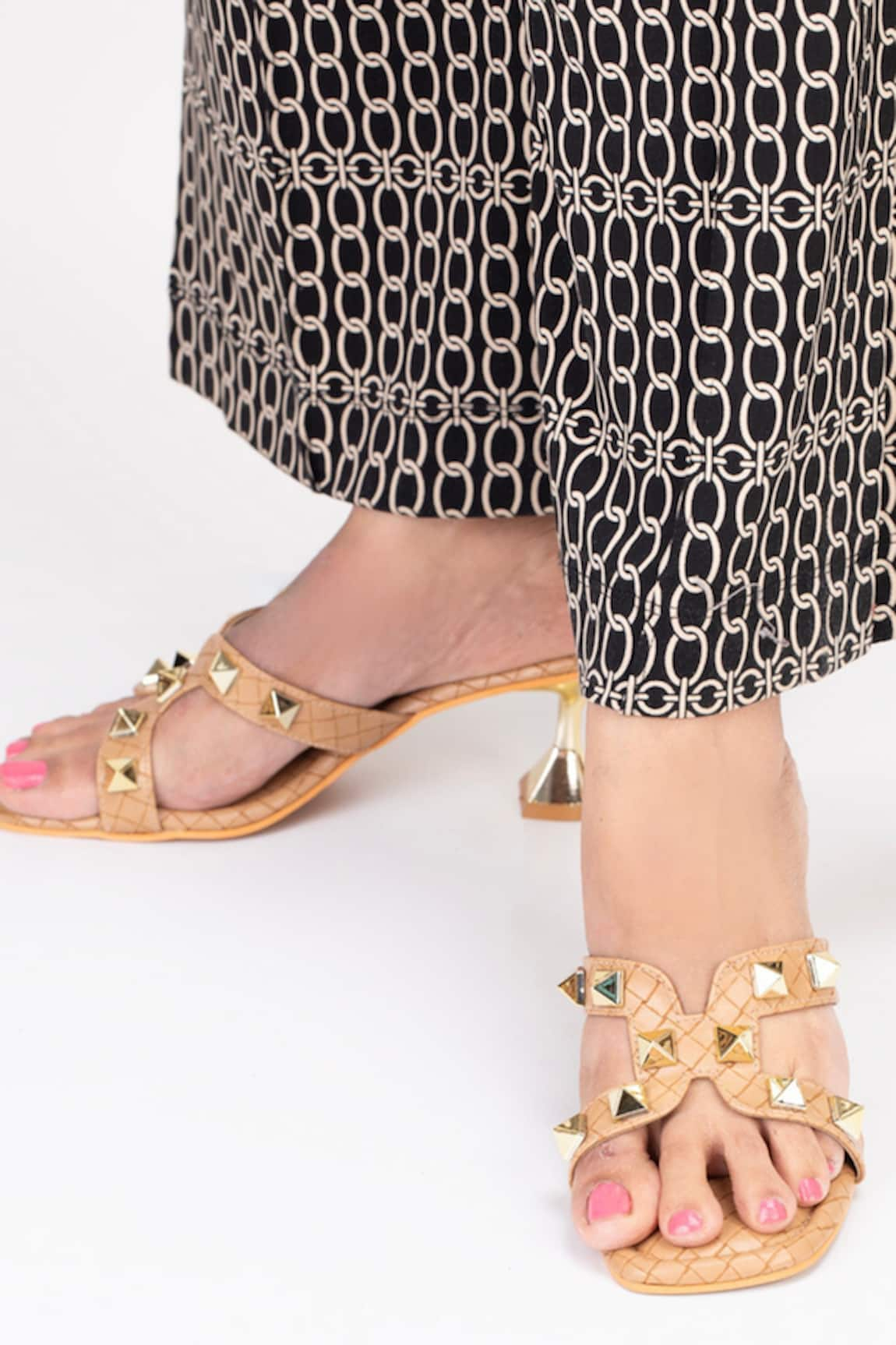 Tic Tac Toe Footwear Metallic Stud Embellished Weave Textured Pyramid Heels