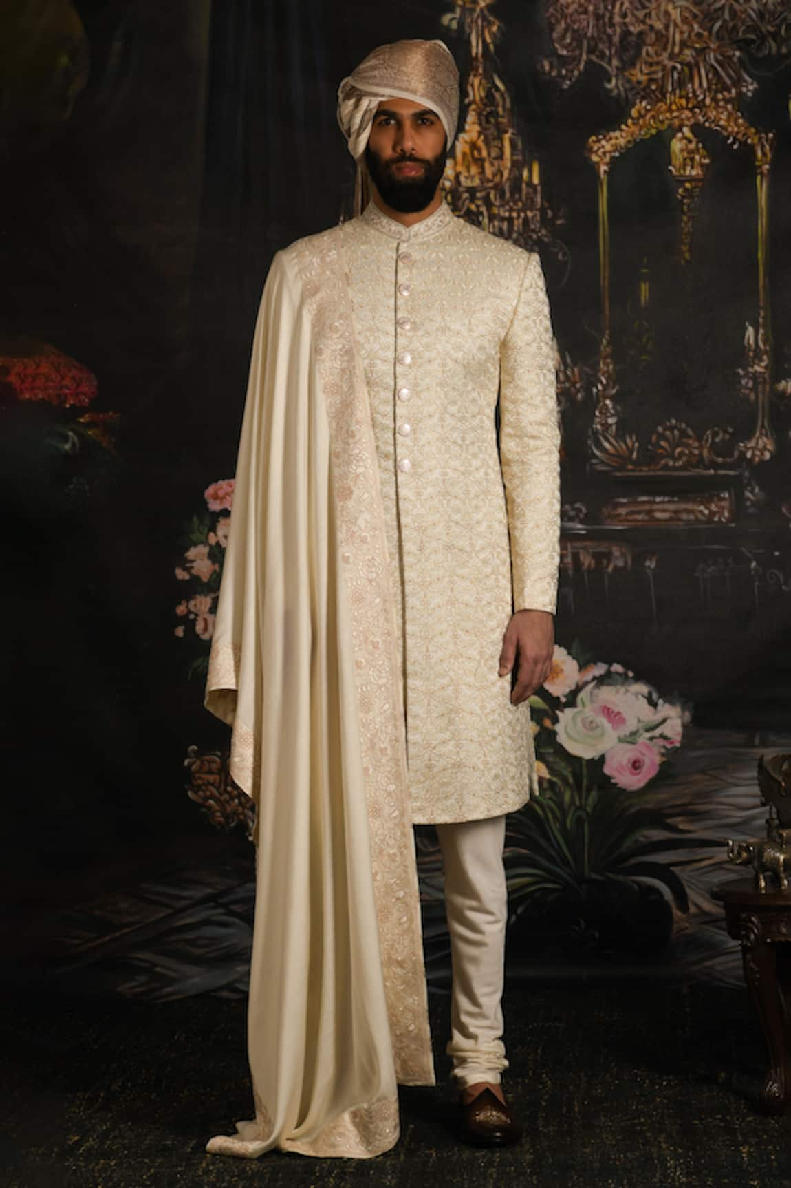 Punit Arora Floral Embroidered Silk Sherwani Set