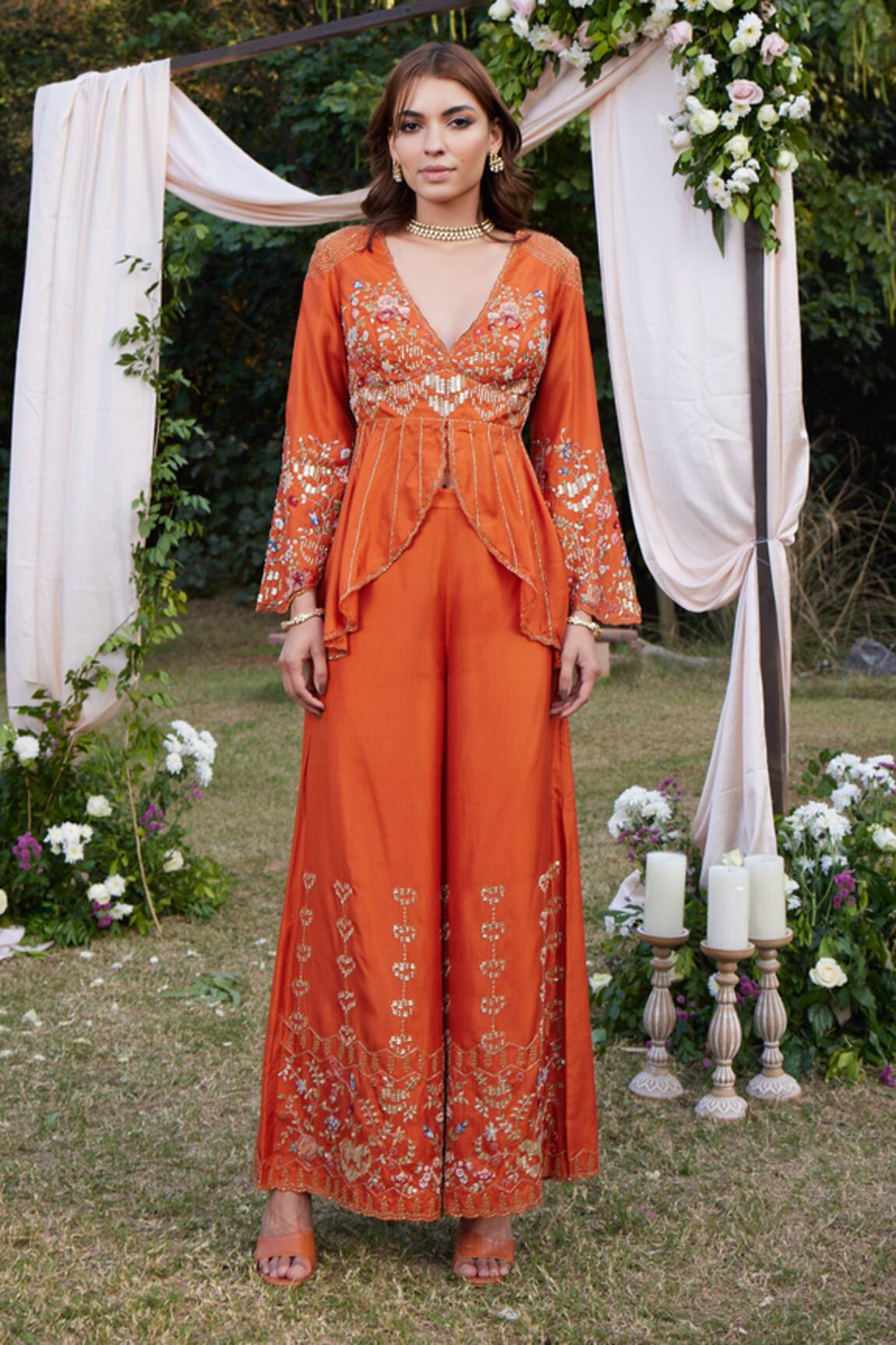 Shasha Gaba Floral Embroidered Peplum Top & Trouser Set 