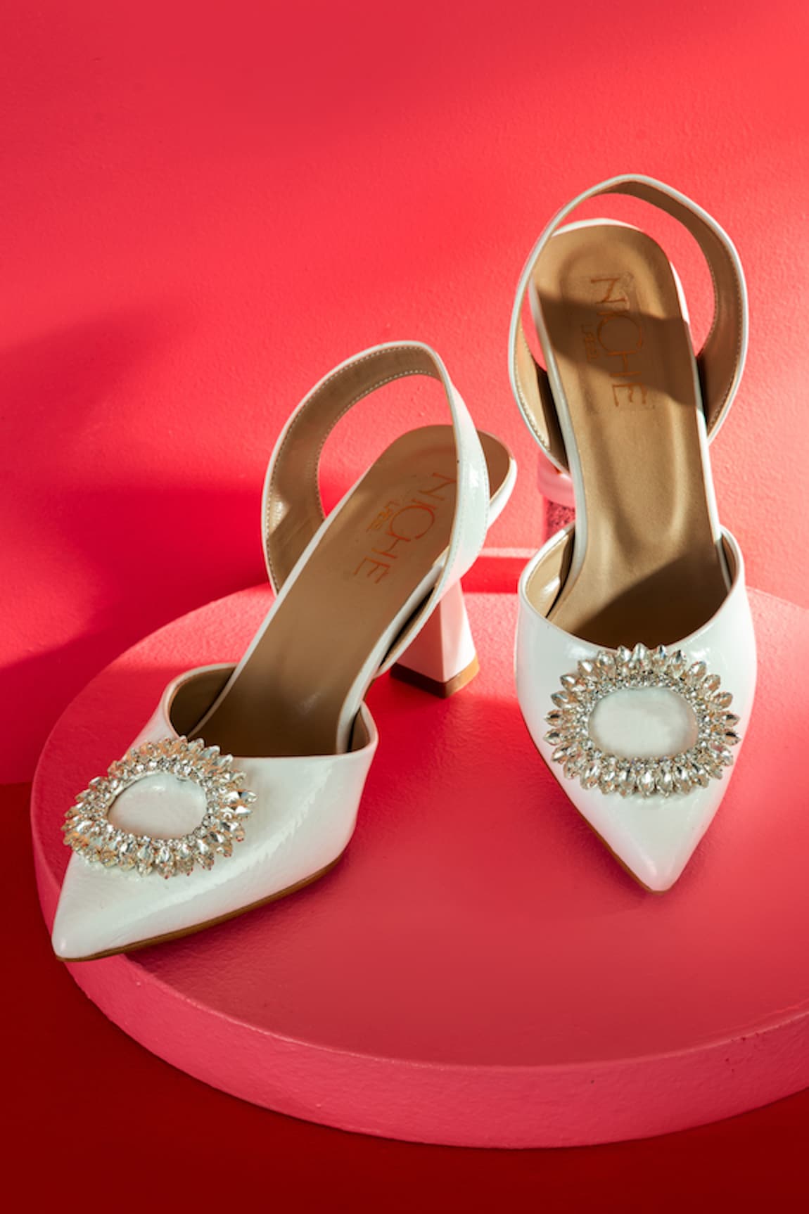 THE NICHE LABEL Oprah White Embellished Spool Heels