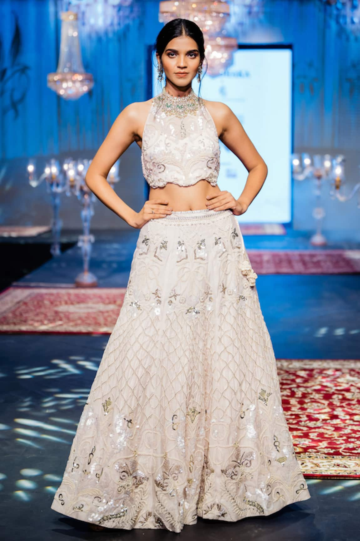 Rina Dhaka Lunar Pearl Celeste Lehenga With Halter Neck Blouse