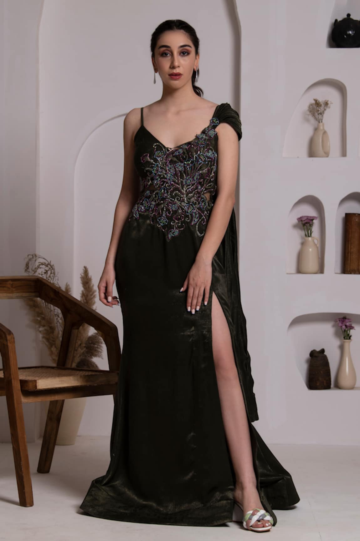 BAYA Embroidered High Slit Draped Gown