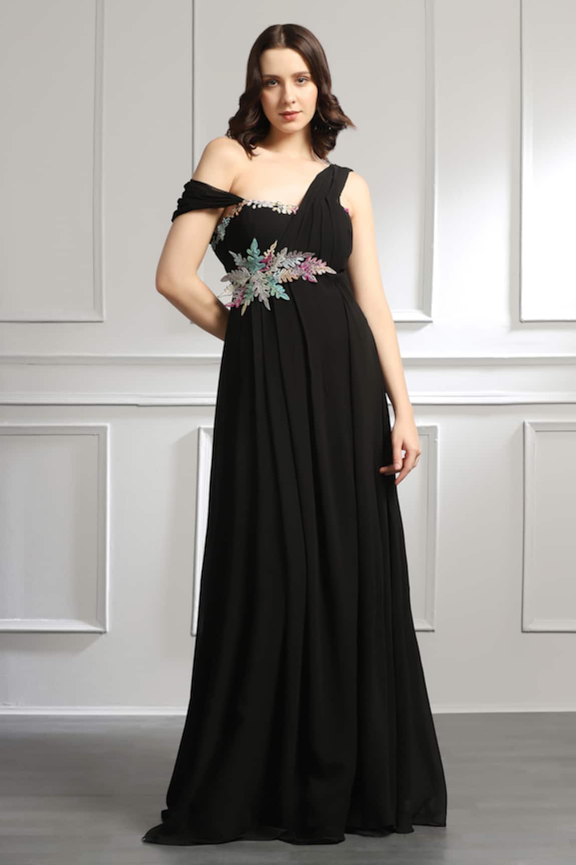 BAYA Applique Embroidered Pleated Draped Gown