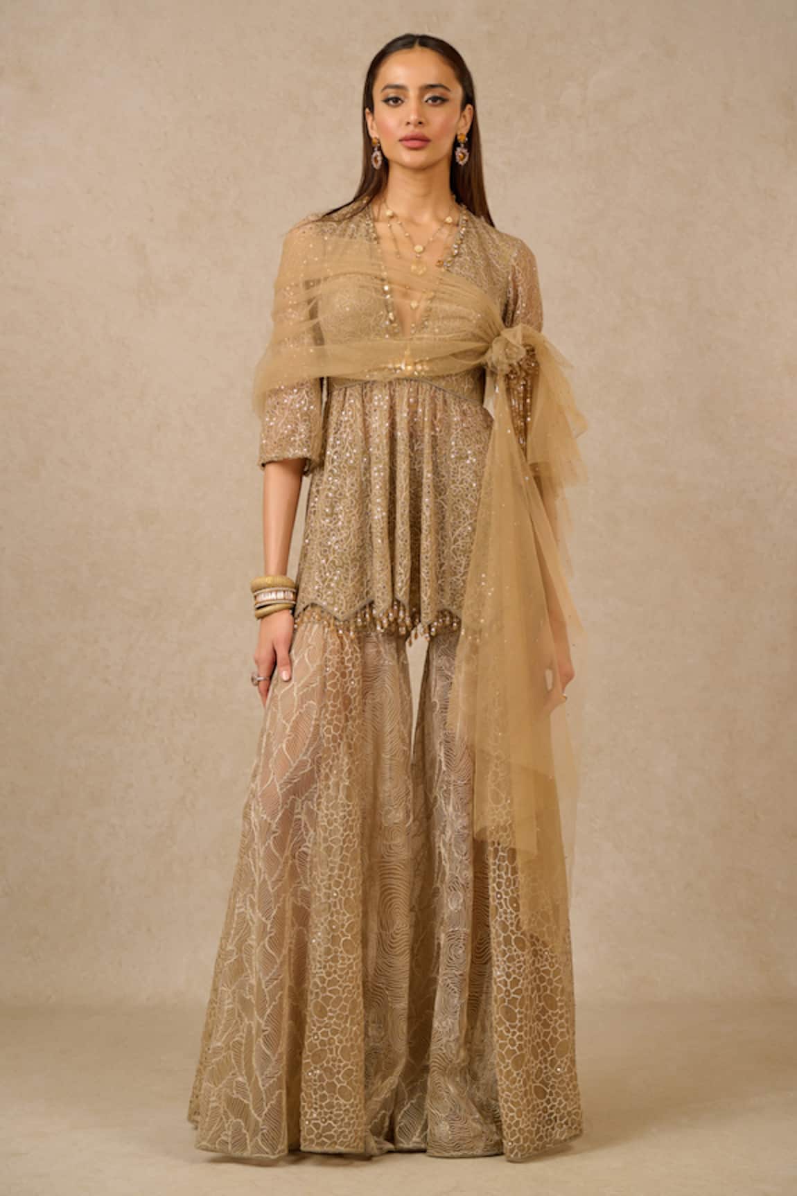Tarun Tahiliani Sequin Floral Embellished Kurta Sharara Set 