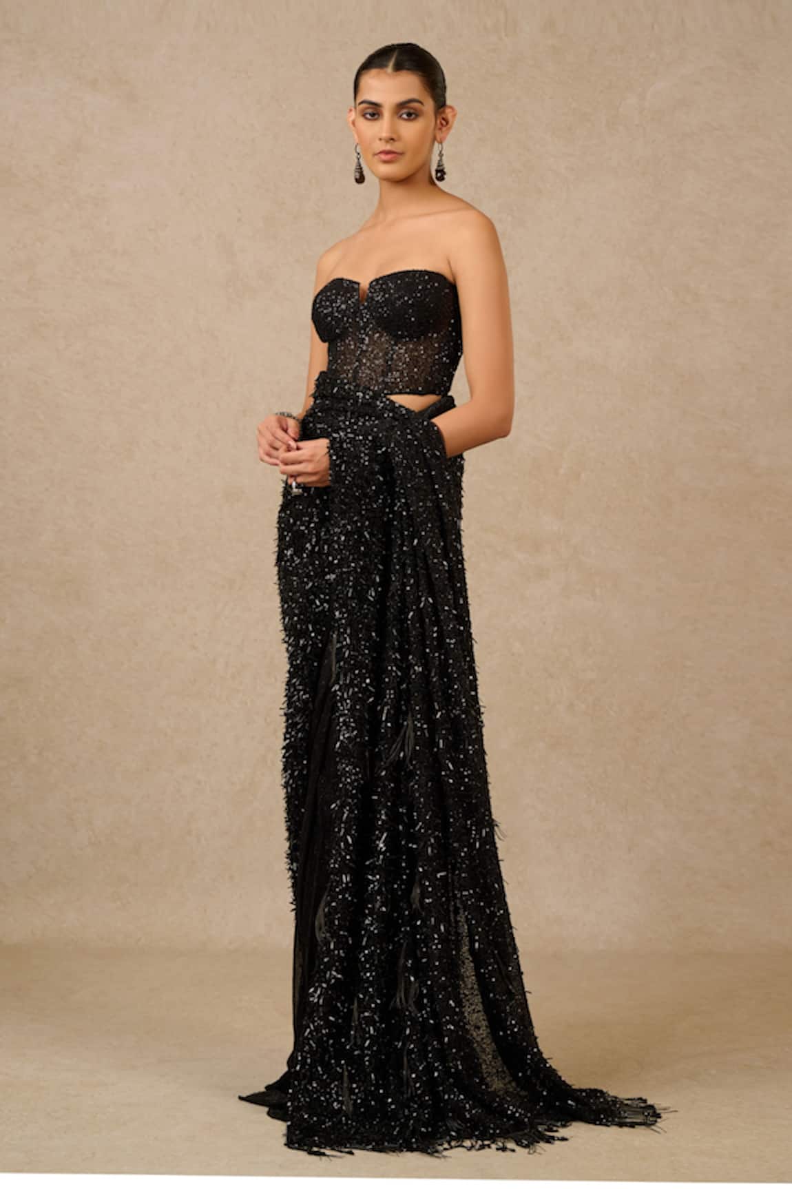 Tarun Tahiliani Tonal Sequin Embroidered Saree With Corset 