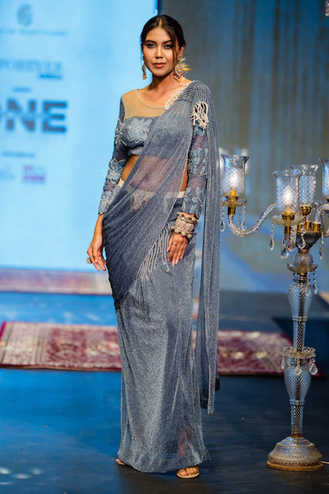 Rina Dhaka Stellar Glisten Pre-Draped Saree With Florid Mesh Blouse