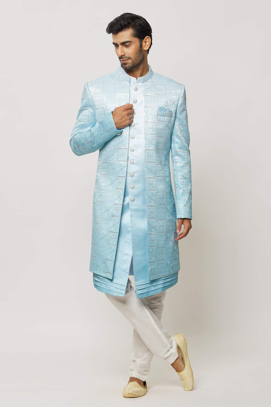 Aryavir Malhotra Thread Work Sherwani Jacket Aligadi Pant Set