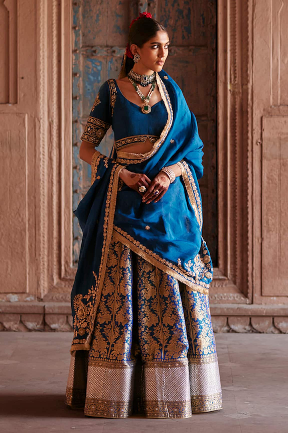 Weaver Story Mughal Bloom Brocade Banarasi Bridal Lehenga Set 