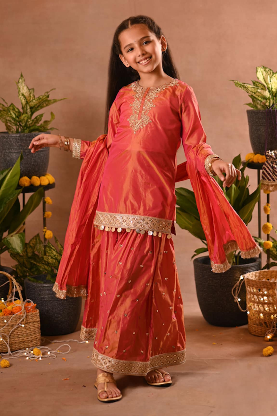 Mini Trails Embroidered Kurta Sharara Set